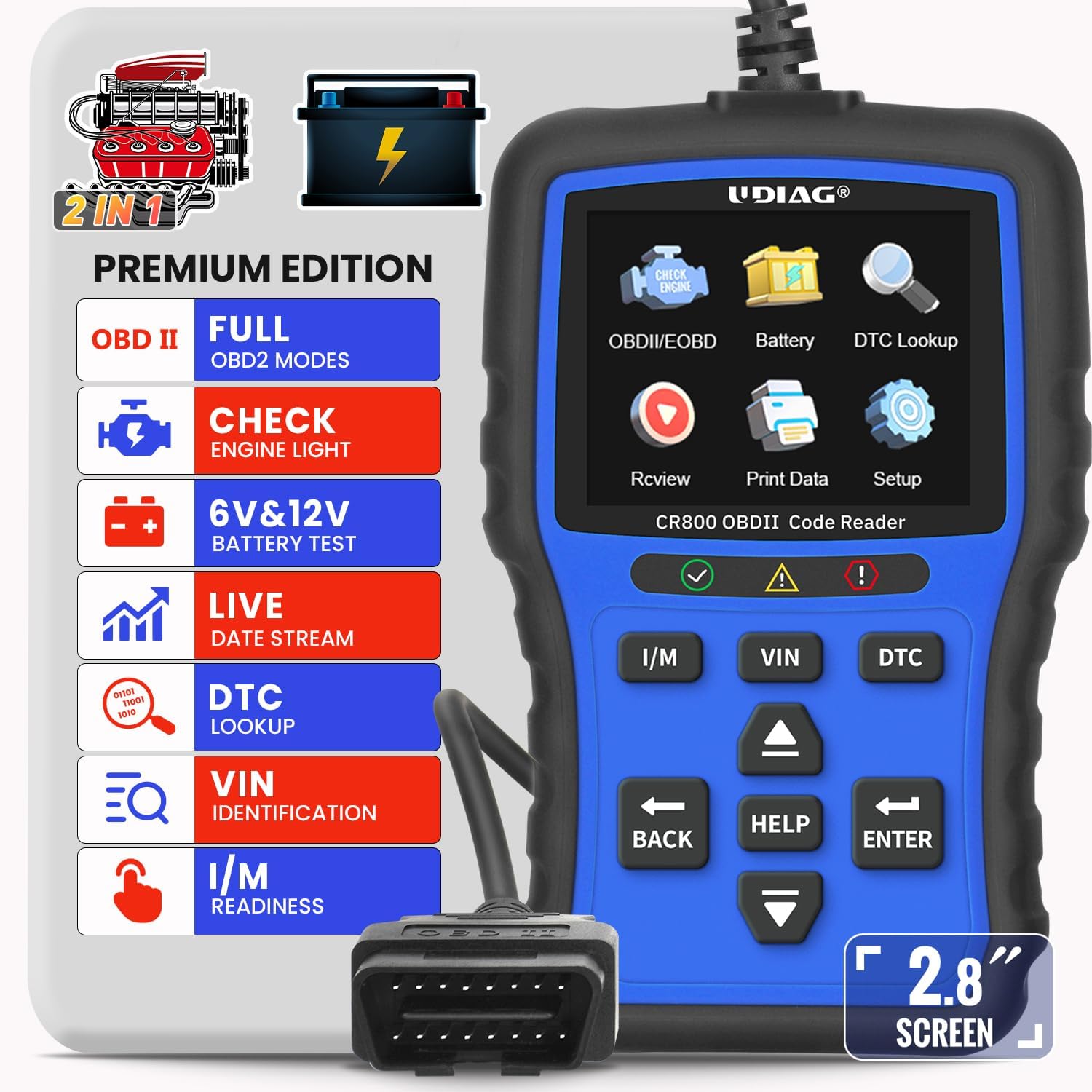 CR800 OBD2 escáner probador de batería 2 en 1, herramienta de diagnóstico del escáner OBD2 para comprobar el motor del coche, lector de código de