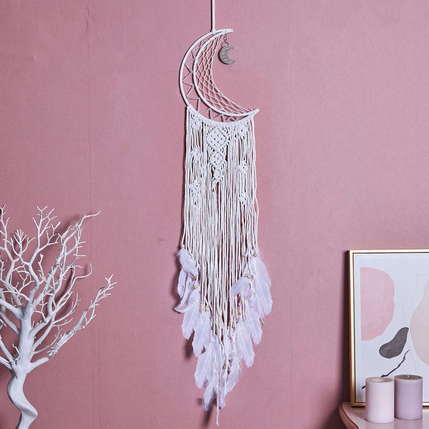 Atrapasueños de luna, atrapasueños bohemio, decoración de pared de plumas para dormitorio y hogar, decoración hecha a mano, decoración artesanal,