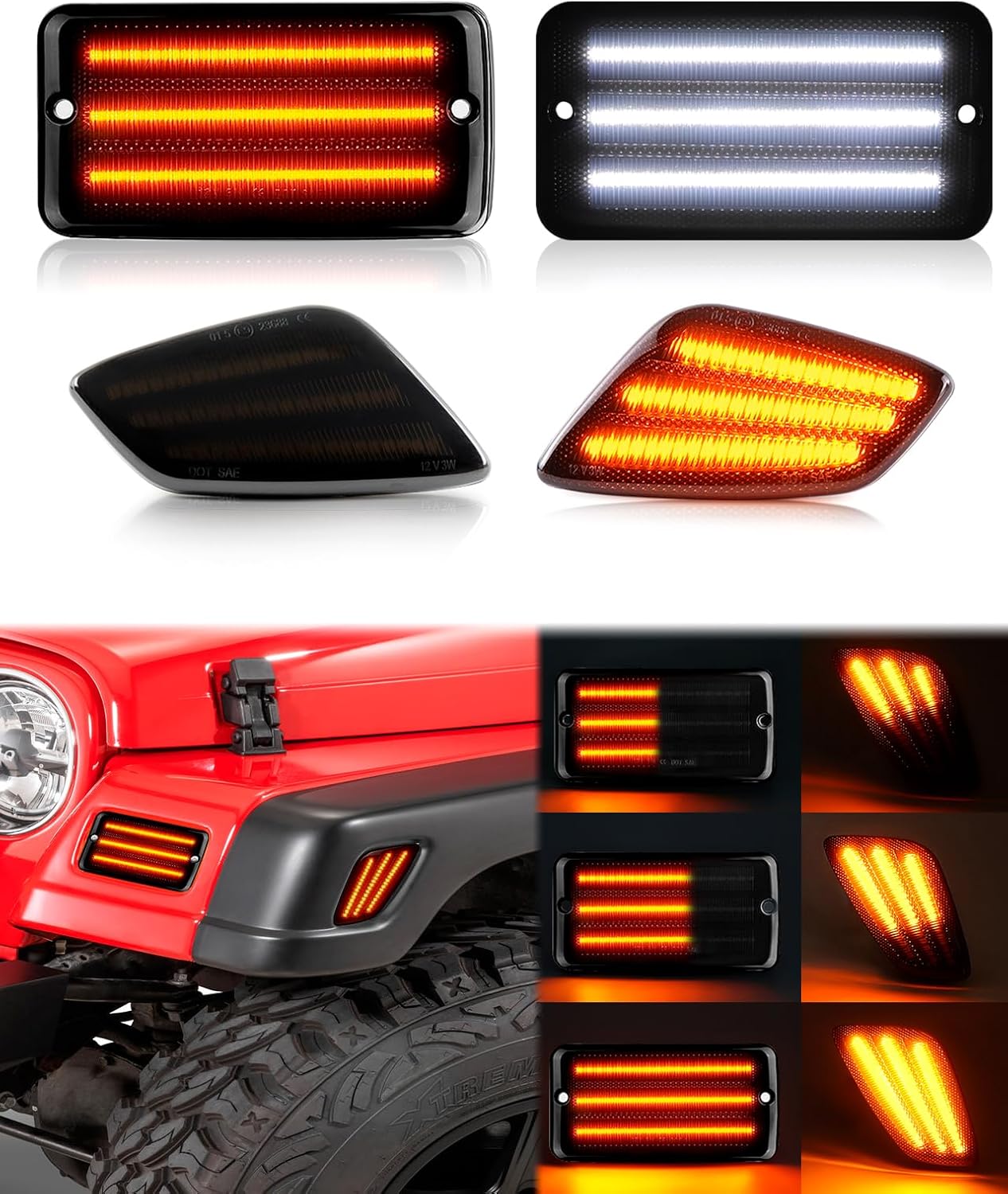 Switchback – Luces LED de señal de giro para Jeep Wrangler TJ 1997-2006, 4 unidades de lentes ahumadas secuenciales ámbar blanco estacionamiento DRL