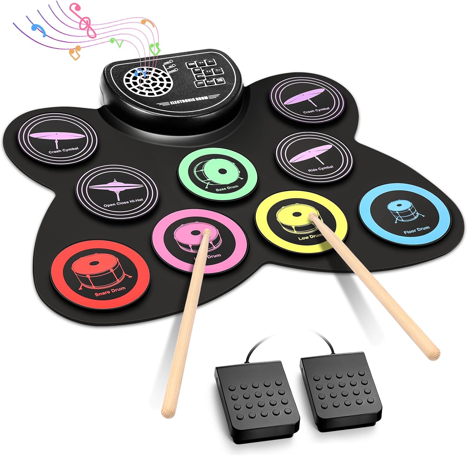 Anpro Juego de batería eléctrica, 9 almohadillas de batería con conector para auriculares, kit de batería electrónica enrollable con pedales de