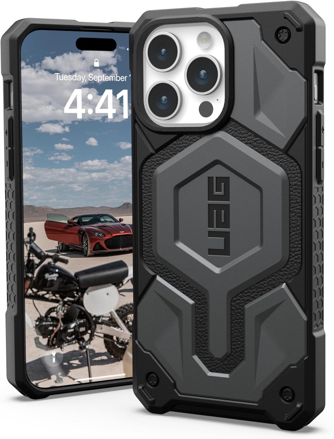 URBAN ARMOR GEAR UAG – Funda compatible con iPhone 15 Pro Max de 6.7 pulgadas, Monarch Pro plateado, imán integrado compatible con carga MagSafe,