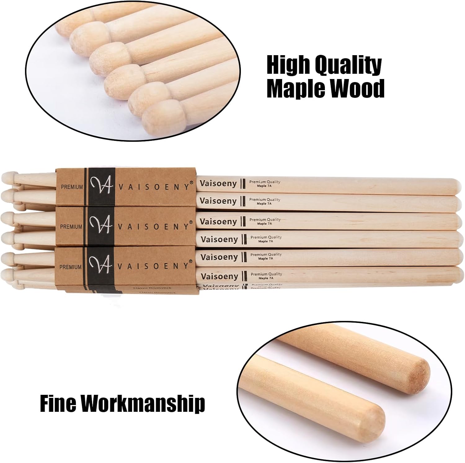 Baquetas de batería 5A para adultos, 12 pares de baquetas clásicas de madera de arce para niños, accesorios de percusión de instrumentos musicales