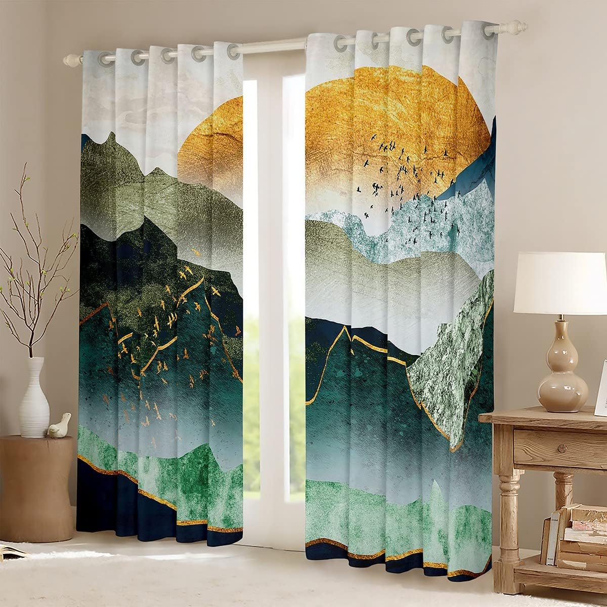 Cortinas japonesas Ukiyoe para ventana para dormitorio, sala de estar, cortinas con patrón Hokusai para niños, niñas, acuarela, sol, montaña,