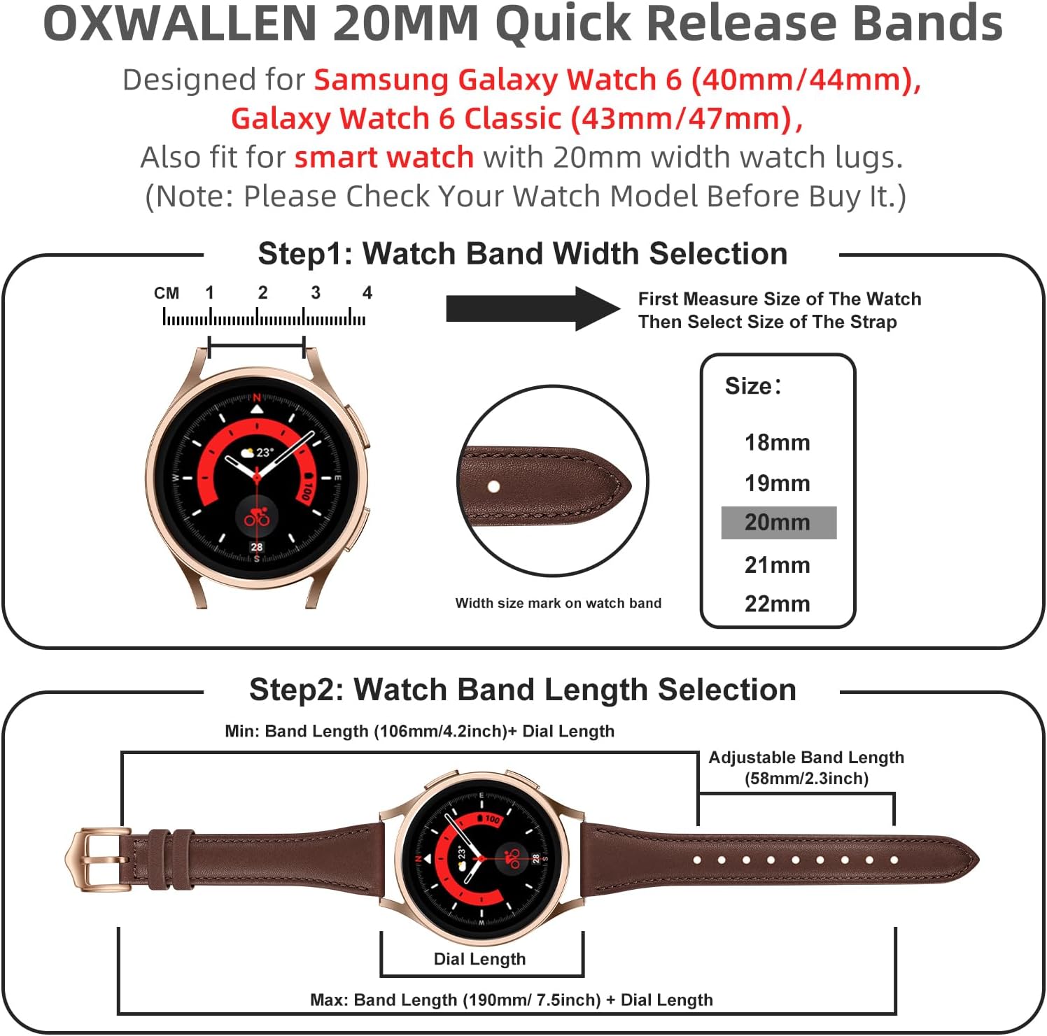 OXWALLEN Correa de reloj de piel de liberación rápida de 0.78 pulgadas compatible con Samsung Galaxy Watch 6 5 4 Band 1.575 in 1.732 inWatch 5 Pro