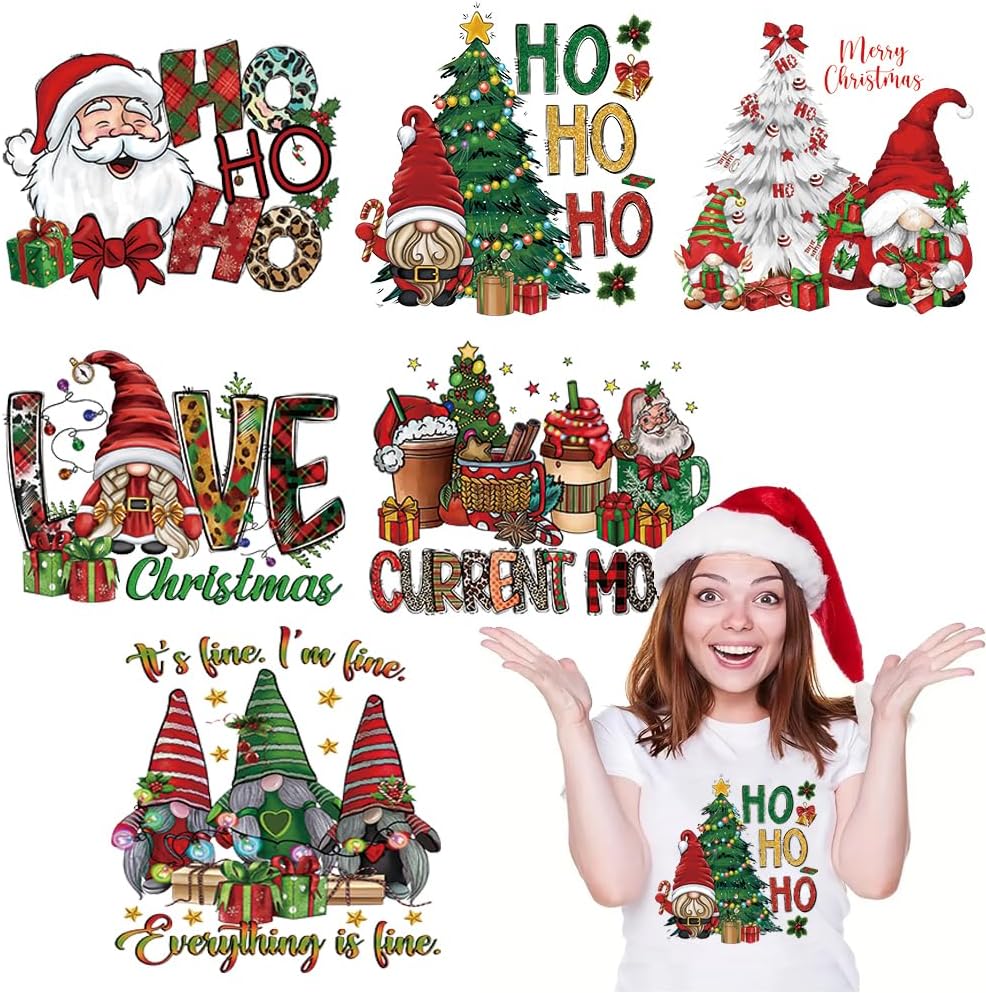 6 parches de transferencia para planchar de Navidad, diseño de Navidad, calcomanías de vinilo de transferencia de calor, calcomanías de vinilo de