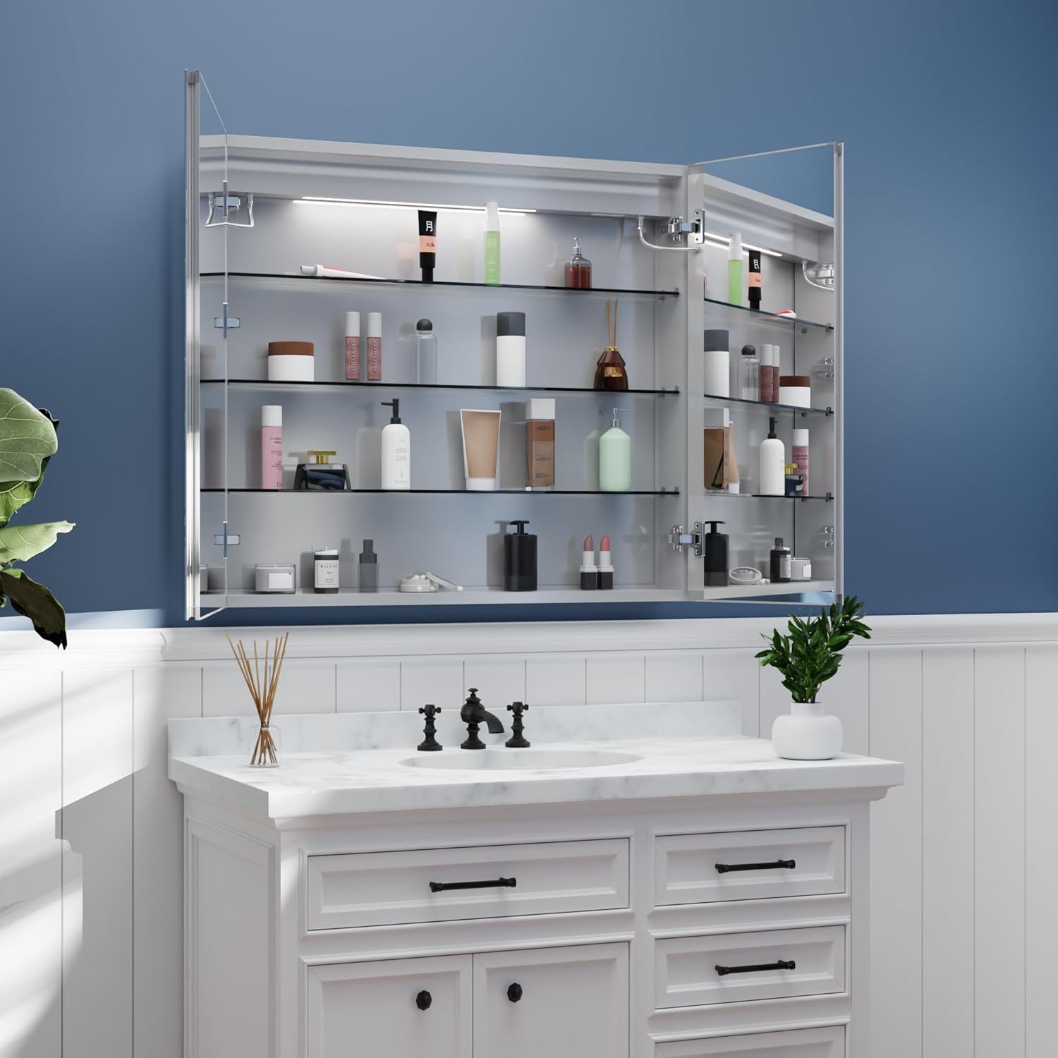 ExBrite Botiquín de baño con iluminación LED con espejo, 36 x 32 pulgadas, botiquín empotrado o de superficie, reloj, pantalla de temperatura