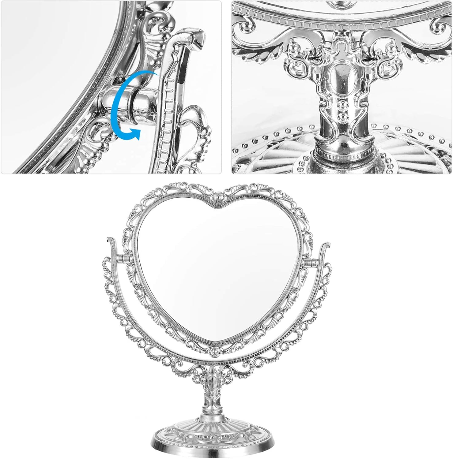 Uonlytech Espejo de belleza en forma de corazón, espejo de corazón plateado, espejo de corazón de doble cara para baño, dormitorio, espejo de regalo