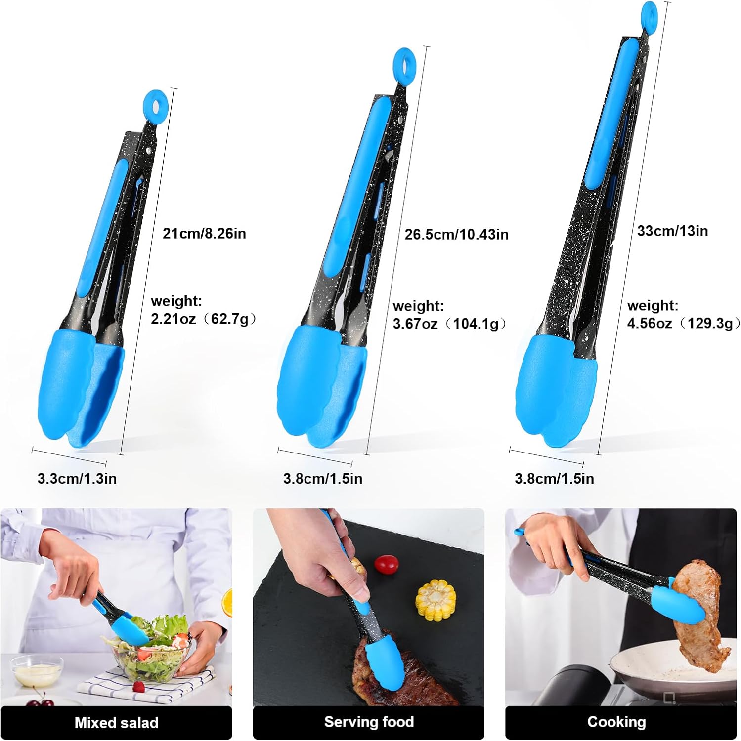 Pinzas de cocina con silicona de 3 pinzas de bloqueo de acero inoxidable, resistentes al calor a 600 F, revestimiento antiadherente, pinzas para