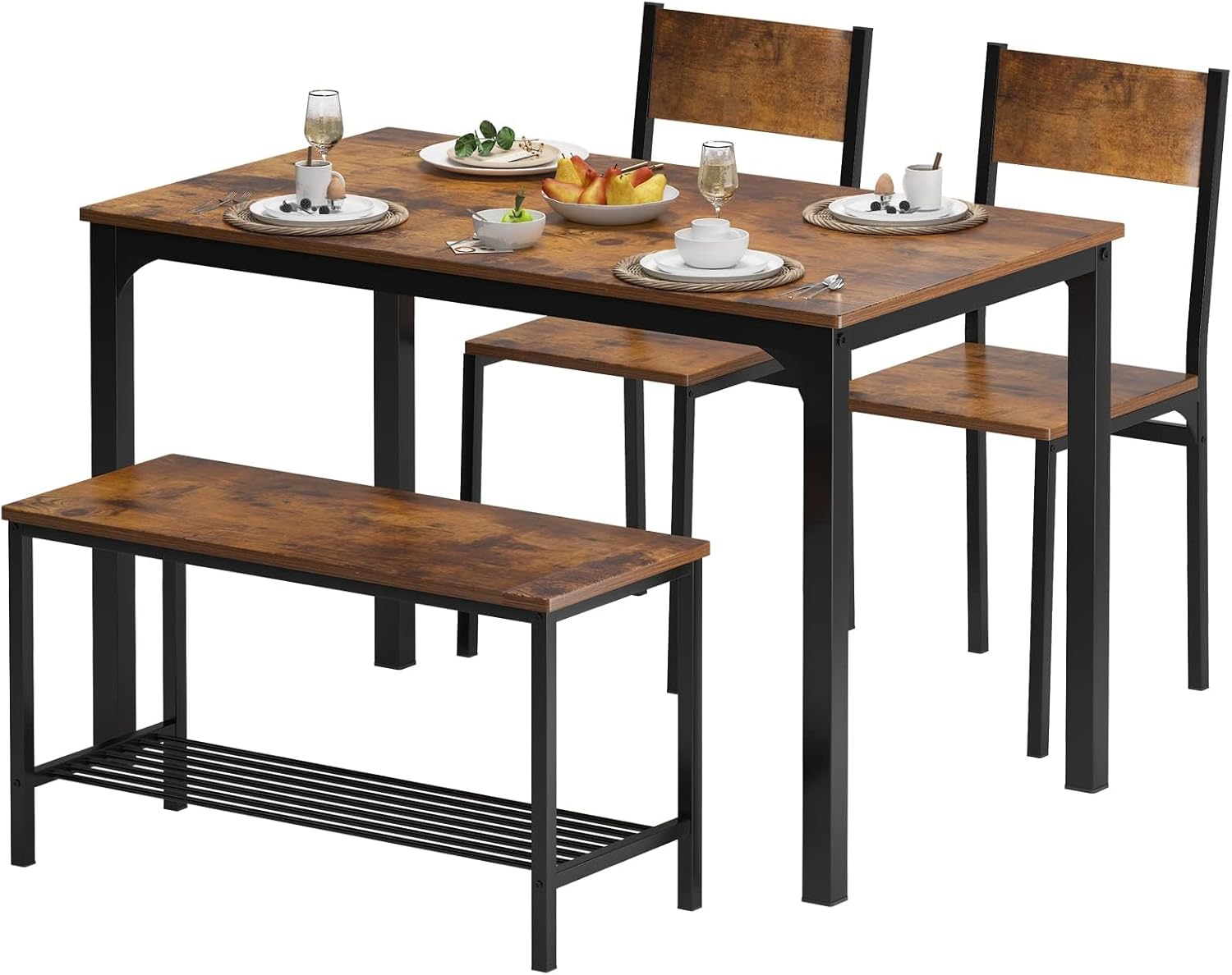 SogesPower Juego de mesa de comedor de 43 pulgadas con 2 sillas y banco, juego de mesa de comedor para 4 hogares, cocina, comedor, restaurante,