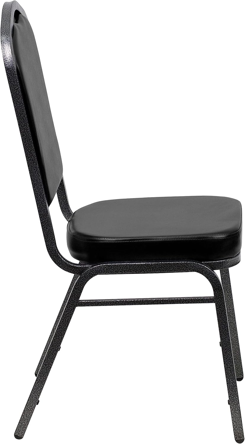 BizChair Paquete de 4 sillas apilables para banquetes con respaldo de corona en vinilo negro, marco de vena plateada