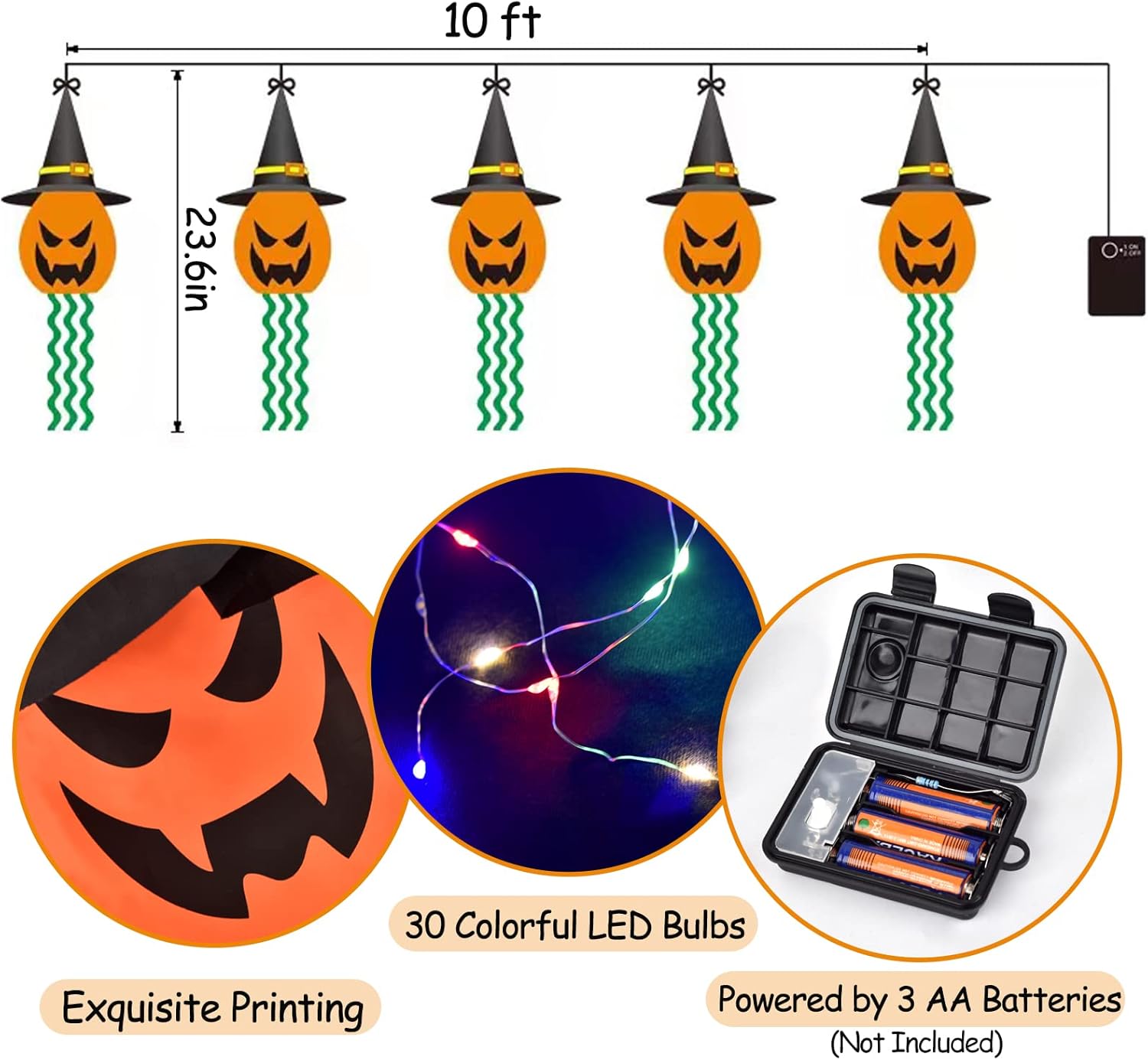 Guirnalda de luces de Halloween para colgar al aire libre, 12 pies, 30 luces LED, 5 piezas de sombrero de bruja aterrador, calabaza, funciona con