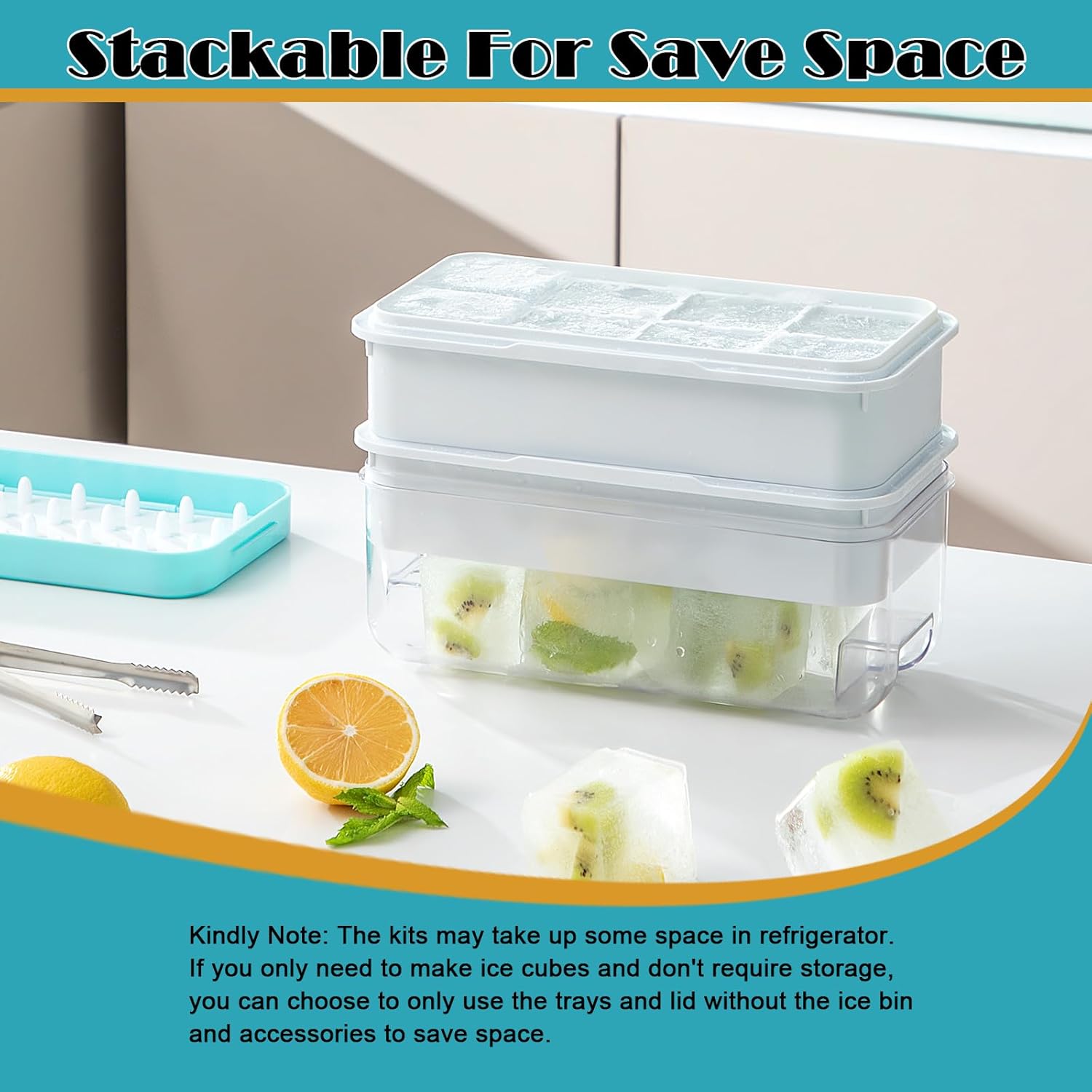Bandeja para cubitos de hielo con tapa y contenedor para congelador, súper fácil de liberar y apilable, bandejas grandes de cubitos de hielo de 8