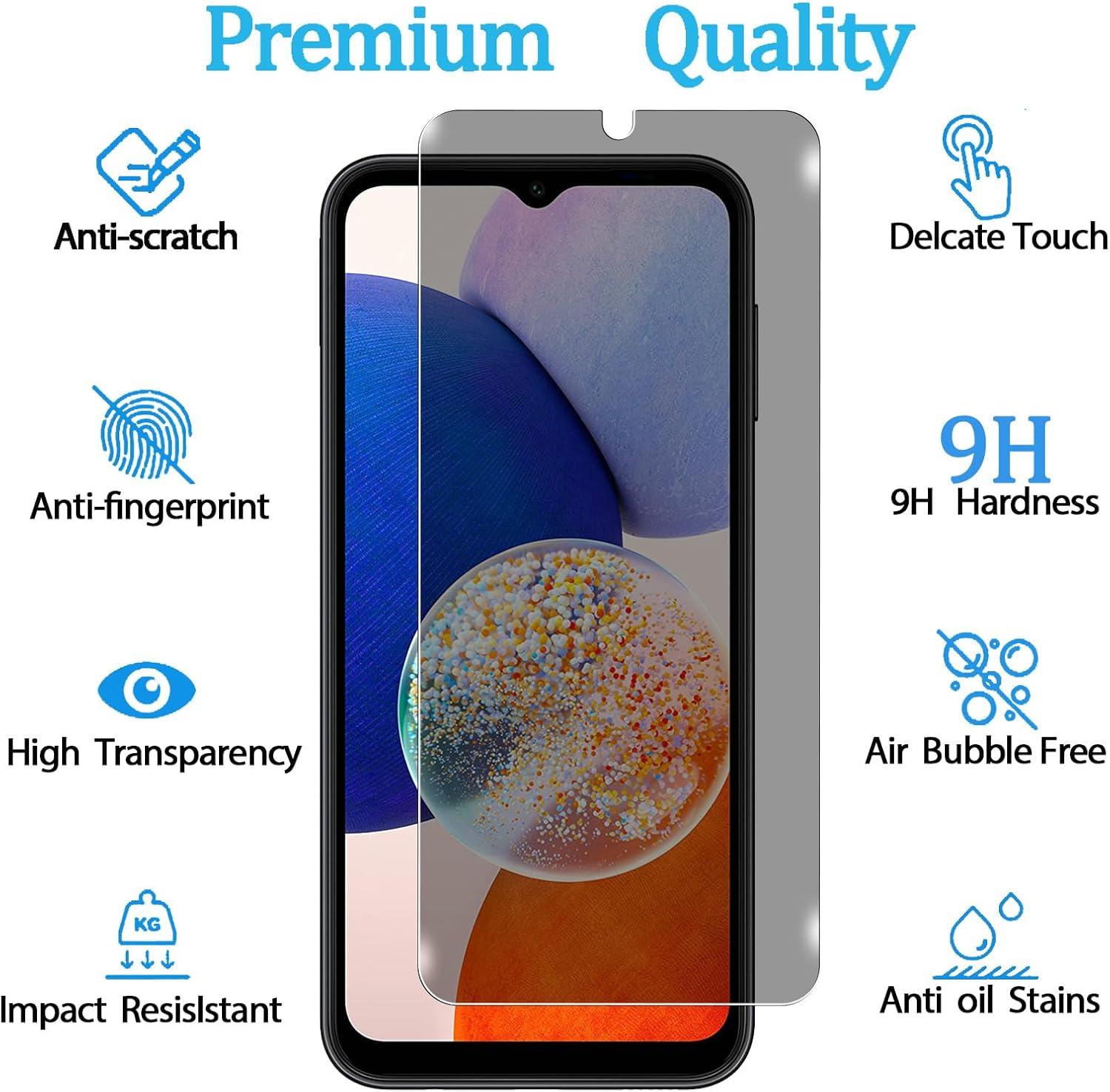 KELOLIN Paquete de 2 protectores de pantalla de privacidad para Samsung Galaxy A14 5G, dureza 9H, arañazos, antiespía, protector de pantalla de