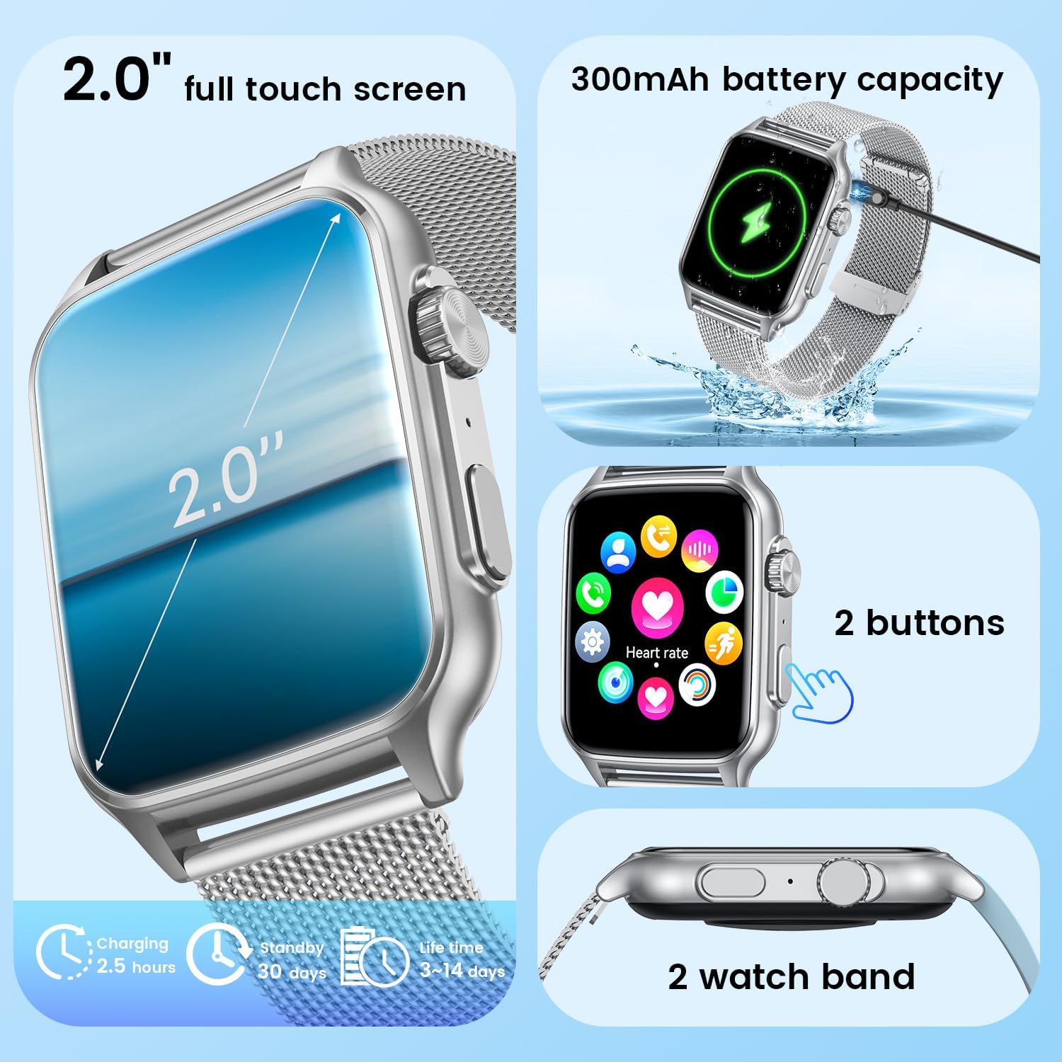 Reloj inteligente para hombre, rastreador de actividad física relojes con pantalla táctil de 2.0 pulgadas, resistente al agua, para llamadas,