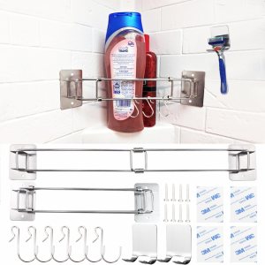 BOPOREAE 2 juegos de barras de almacenamiento de esquina para ducha de RV con 2 ganchos para maquinilla de afeitar, 6 ganchos en S, barra de acero BOPOREAE 2 juegos de barras de almacenamiento de esquina para ducha de RV con 2 ganchos para maquinilla de afeitar, 6 ganchos en S, barra de acero