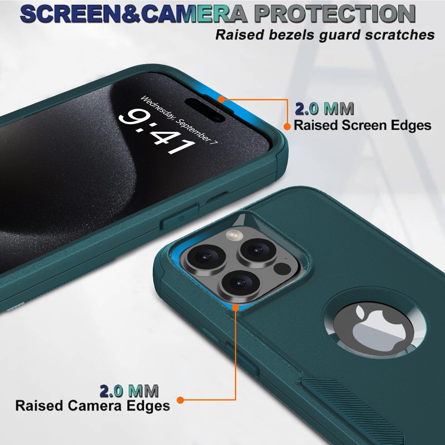 Funda para iPhone 15 Pro Max, 2 protectores de pantalla de vidrio templado, a prueba de caídas de 10 pies, antideslizante, a prueba de golpes,