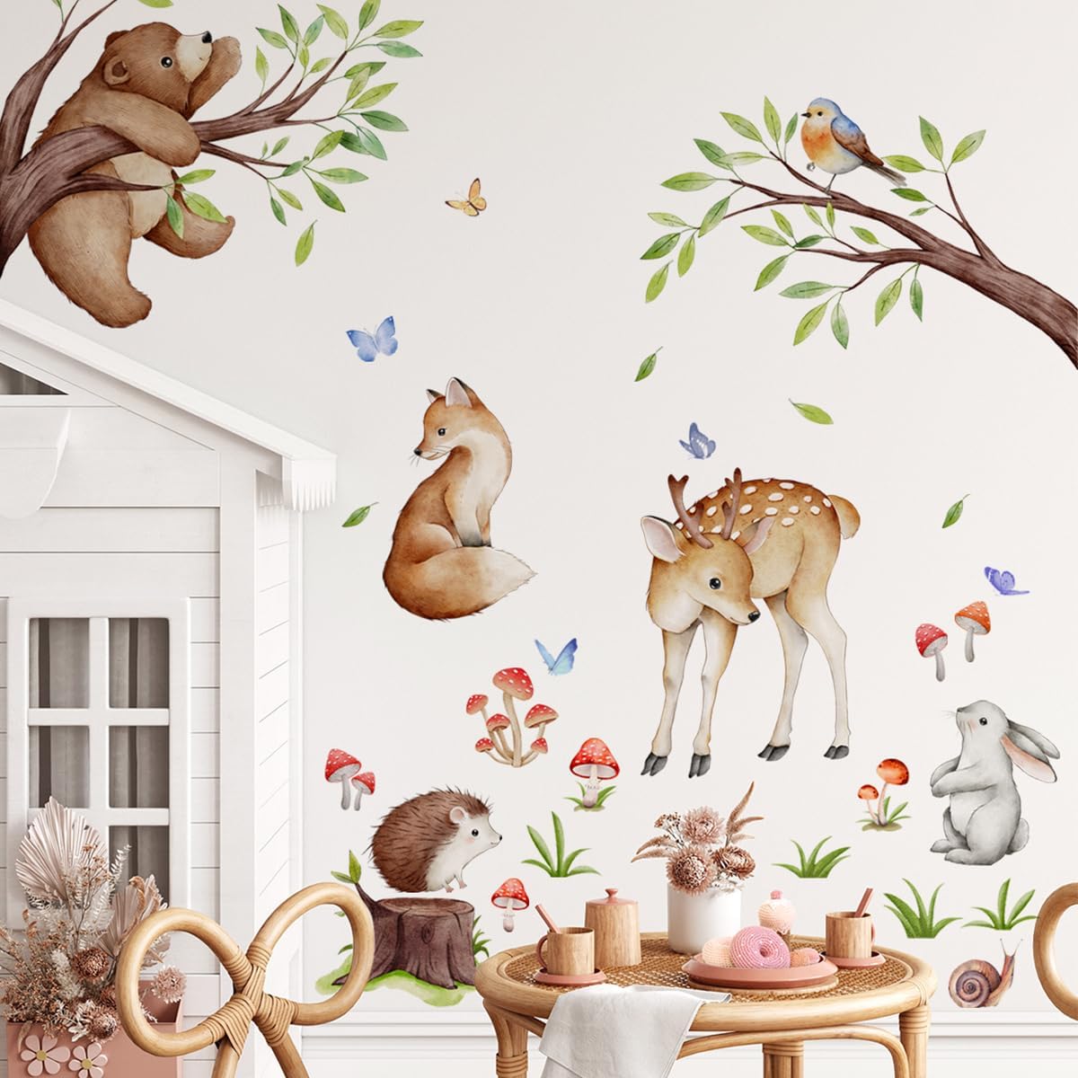 Calcomanías de pared extraíbles de animales de la selva 3D, ramas de árbol verde, ciervo, oso, conejo, calcomanías de pared, bricolaje, despegar y