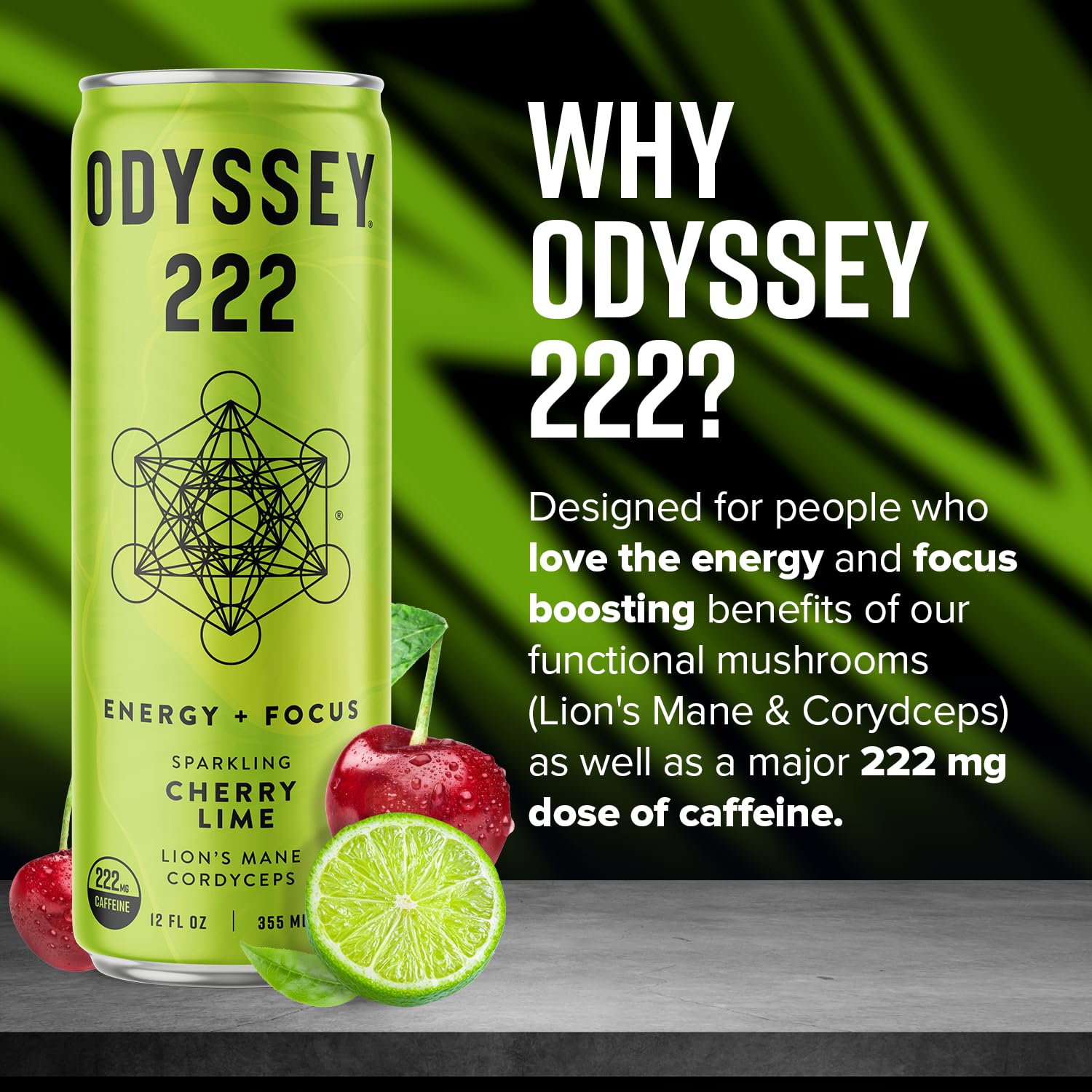 Odyssey – Bebida energética 222, preentrenamiento, 222 mg de cafeína, bebidas energéticas limpias, L teanina, melena de león, cordyceps y té verde