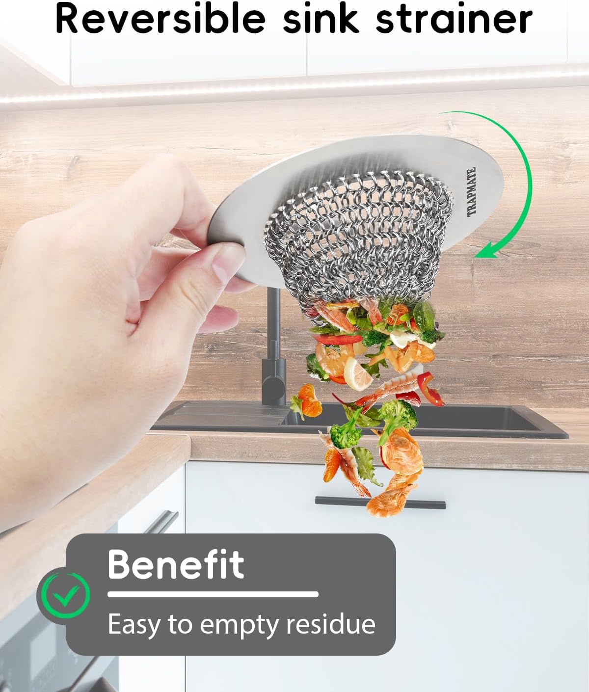 1 colador de fregadero, malla de cadena flexible, fácil de limpiar, colador de drenaje para fregadero de cocina, colador de fregadero de acero