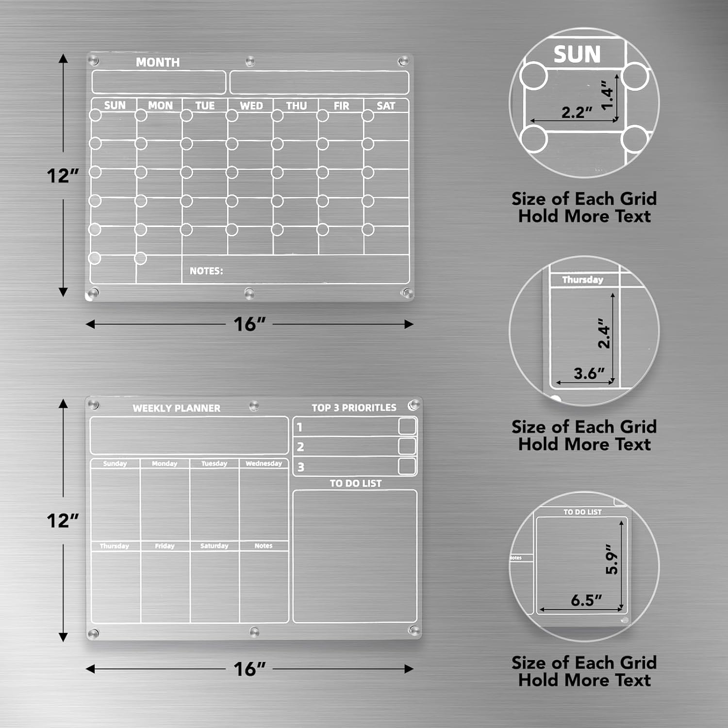 Tablero de calendario magnético acrílico para refrigerador 2 piezas claro mensual y semanal, 16 x 12 pulgadas, calendario de planificación