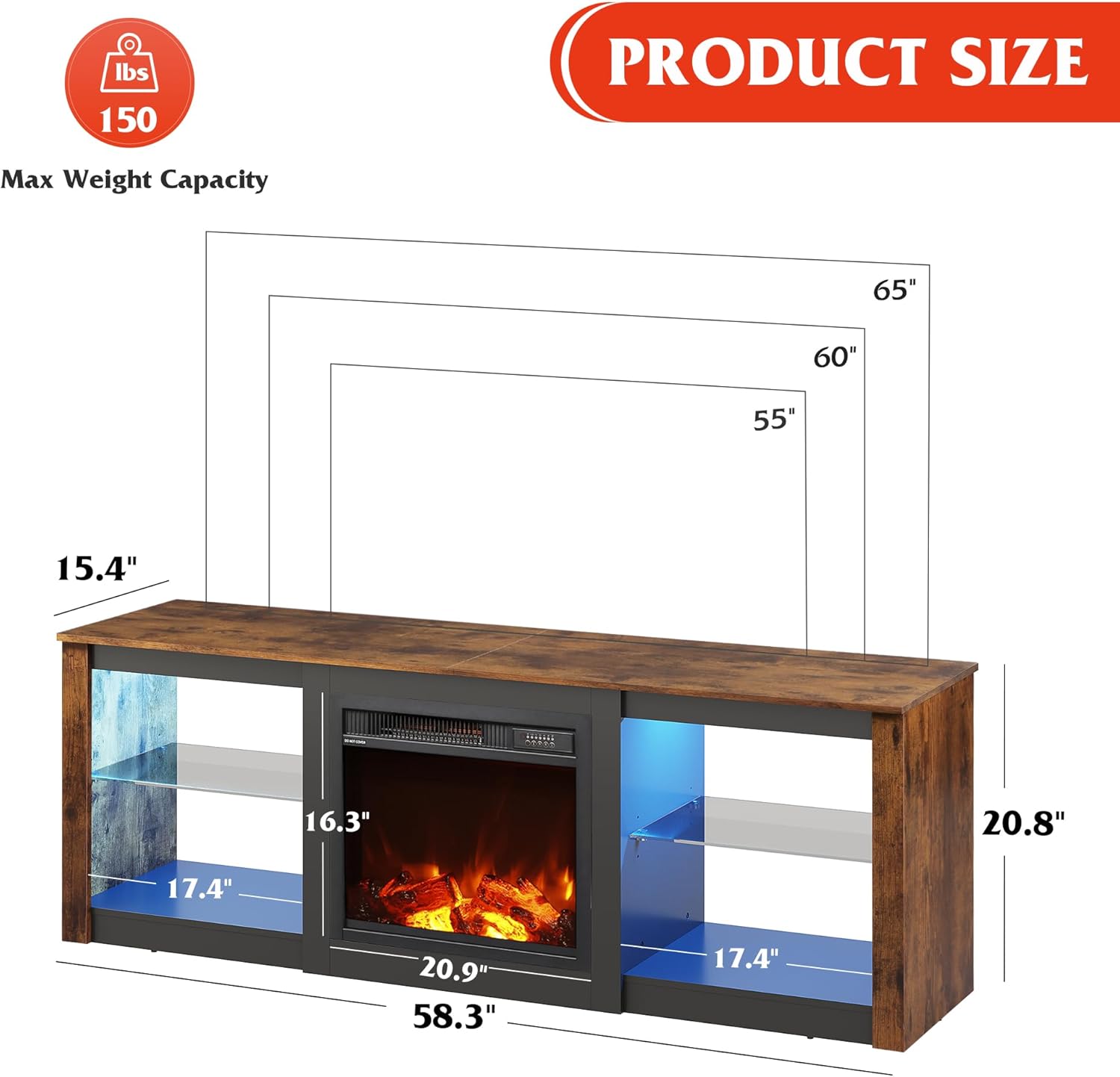 WLIVE Soporte de TV con chimenea para televisores de hasta 65 pulgadas, consola de TV con chimenea eléctrica con luces LED, soporte de TV moderno