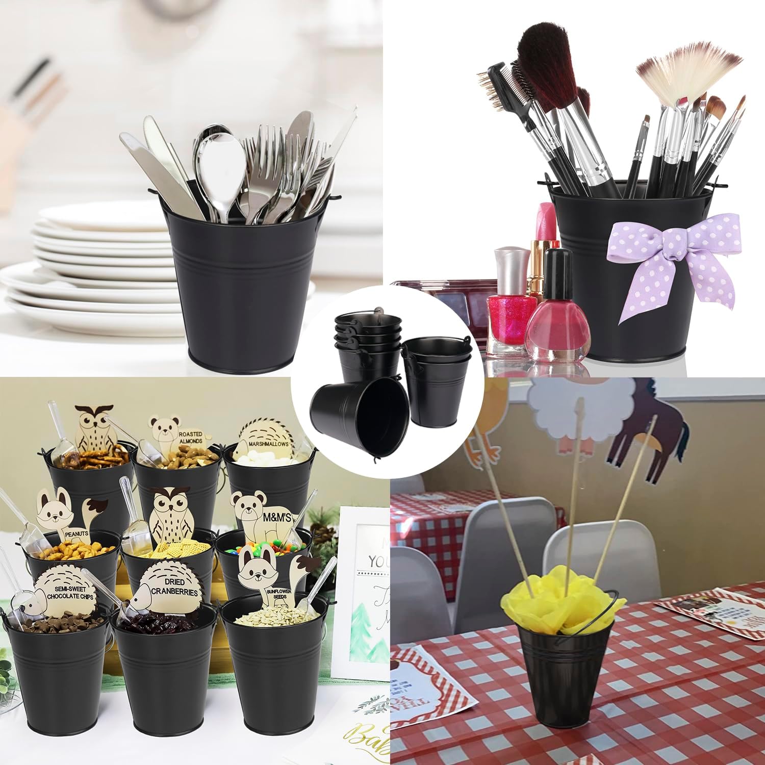 Paquete de 15 cubos de hierro negro de 4 pulgadas, cubos de metal con asa, cubo de Pascua, soporte para lápices y macetas, utilizados para