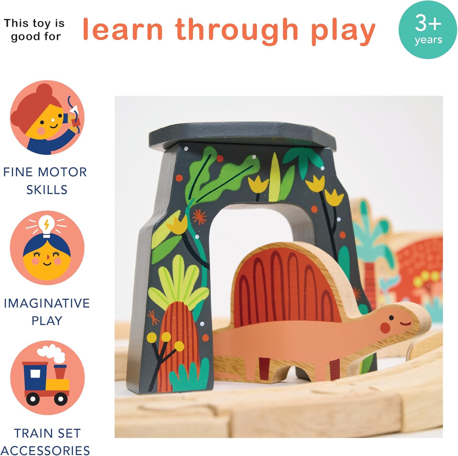 Lost World – Juego de ferrocarril temático de dinosaurios con pistas y accesorios, madera, juego creativo, imaginativo, juguete interactivo