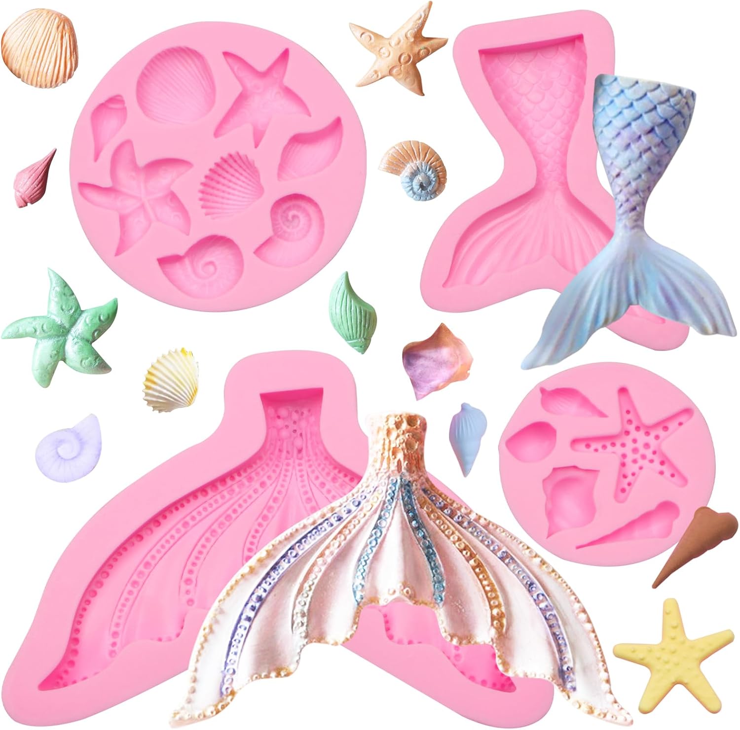 Moldes de fondant con temática marina, 4 piezas, cola de sirena, concha, estrella de mar, para hornear, chocolate, moldes de silicona para