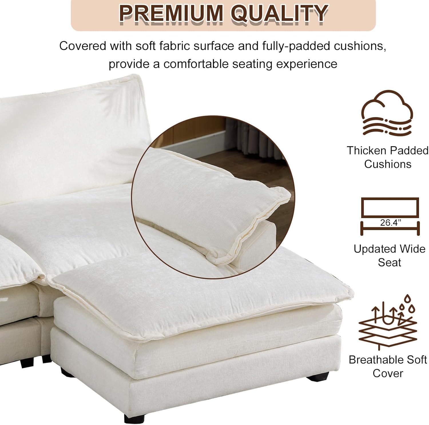 Cómodo sofá modular de felpilla de 85.4 pulgadas, cómodo sofá modular en forma de L para sala de estar, dormitorio, apartamento, oficina (beige)