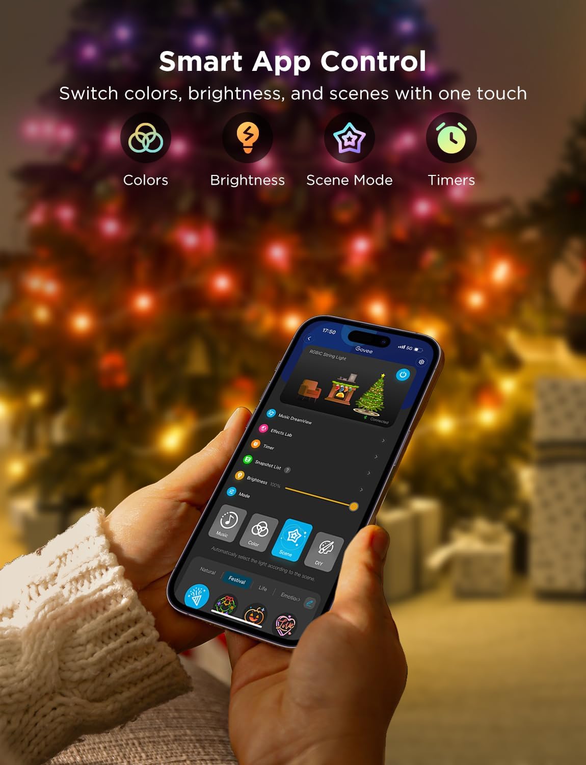 Govee Cadena de luces de 33 pies, luces inteligentes RGBIC para interiores con más de 99 modos de escena preestablecidos, luces LED de Navidad