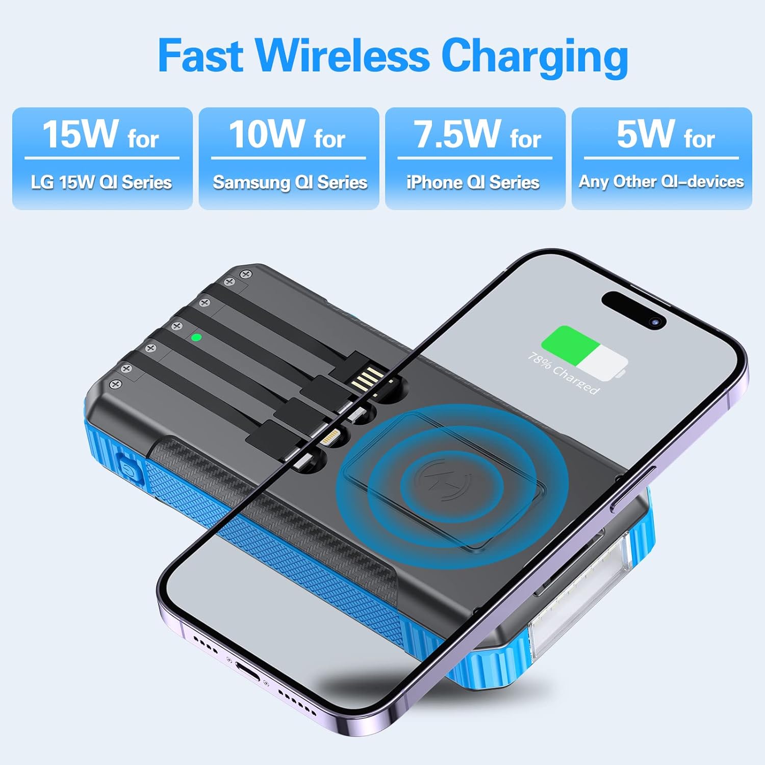 Banco de energía solar cargador inalámbrico 33800mAh integrado 4 cables y luces LED de campamento 22.5 W carga rápida banco de energía 7 salidas 4