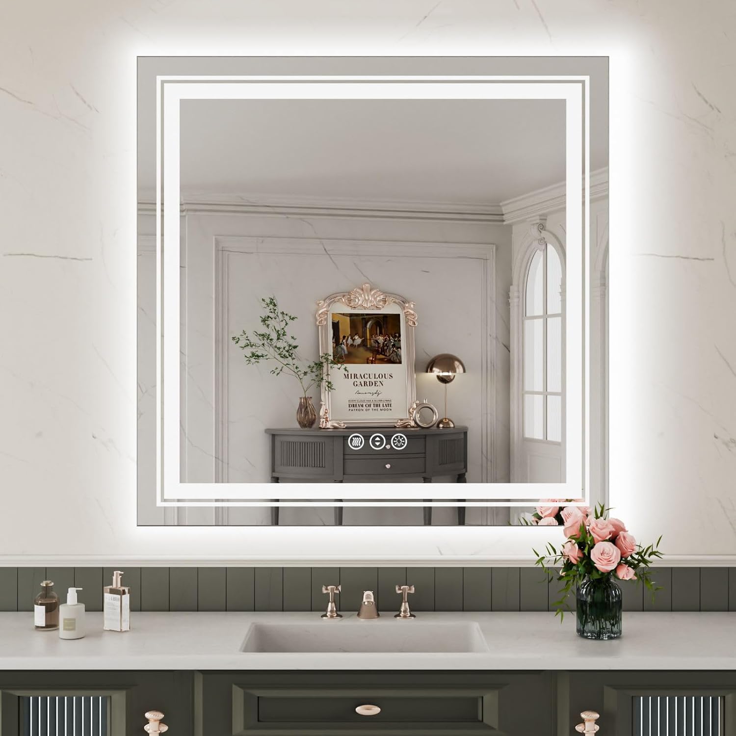 Espejo de baño LED de 32 x 32 pulgadas con retroiluminación y luz frontal, espejo LED regulable sin pasos para baño, espejo de tocador de baño con