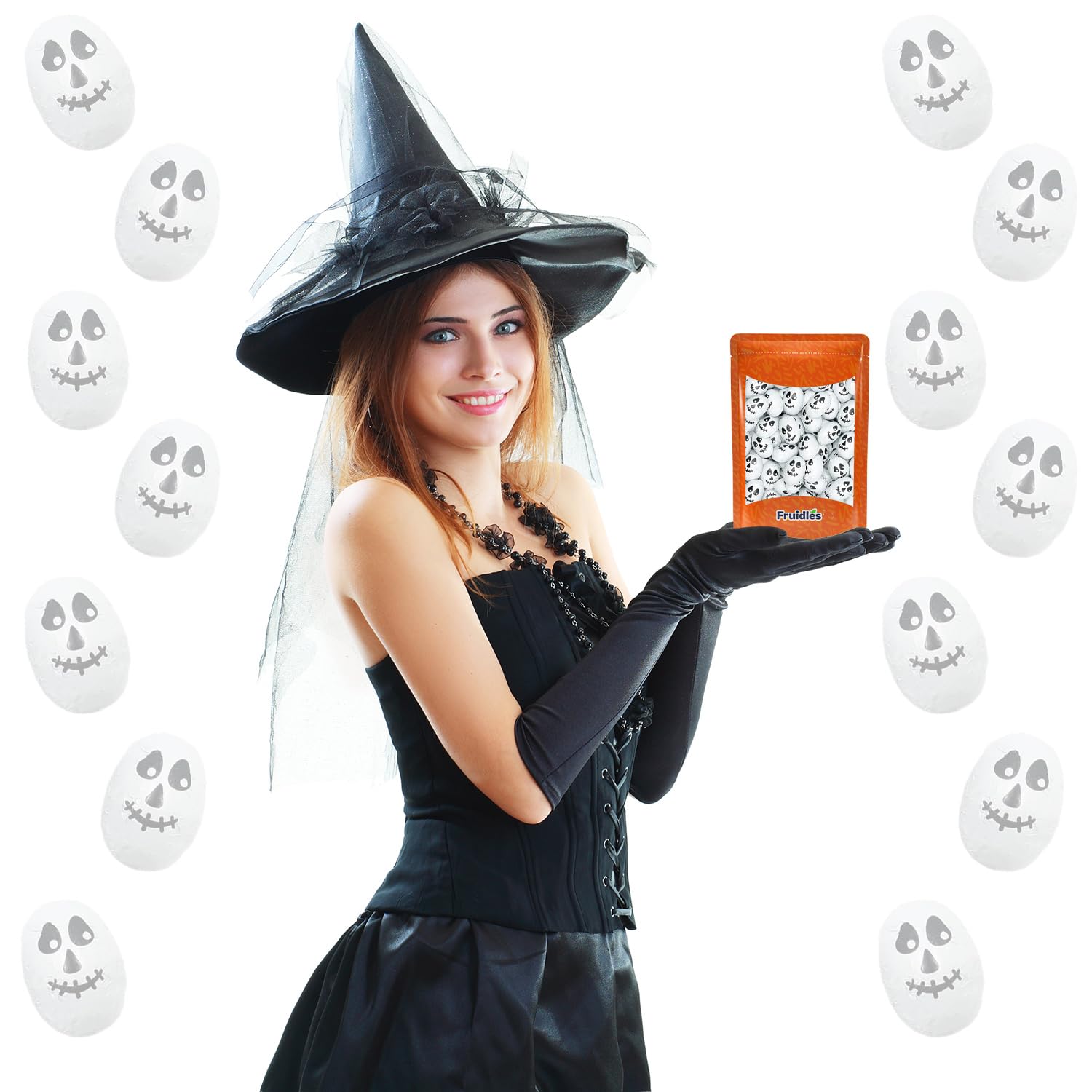 Calaveras de Halloween, doble crujiente, rellenos de bolsas de fiesta de truco o trato, envueltos individualmente en láminas de diseño de calavera