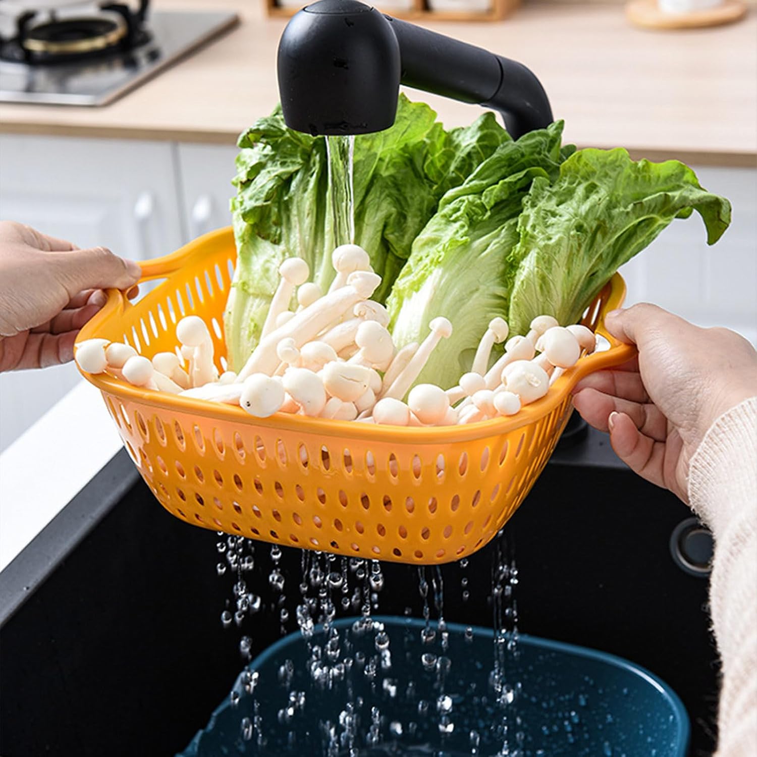 Lavabo de cocina de seis piezas en cesta de doble capa, cesta de lavado de plástico multifuncional para verduras y frutas, para el hogar y la cocina