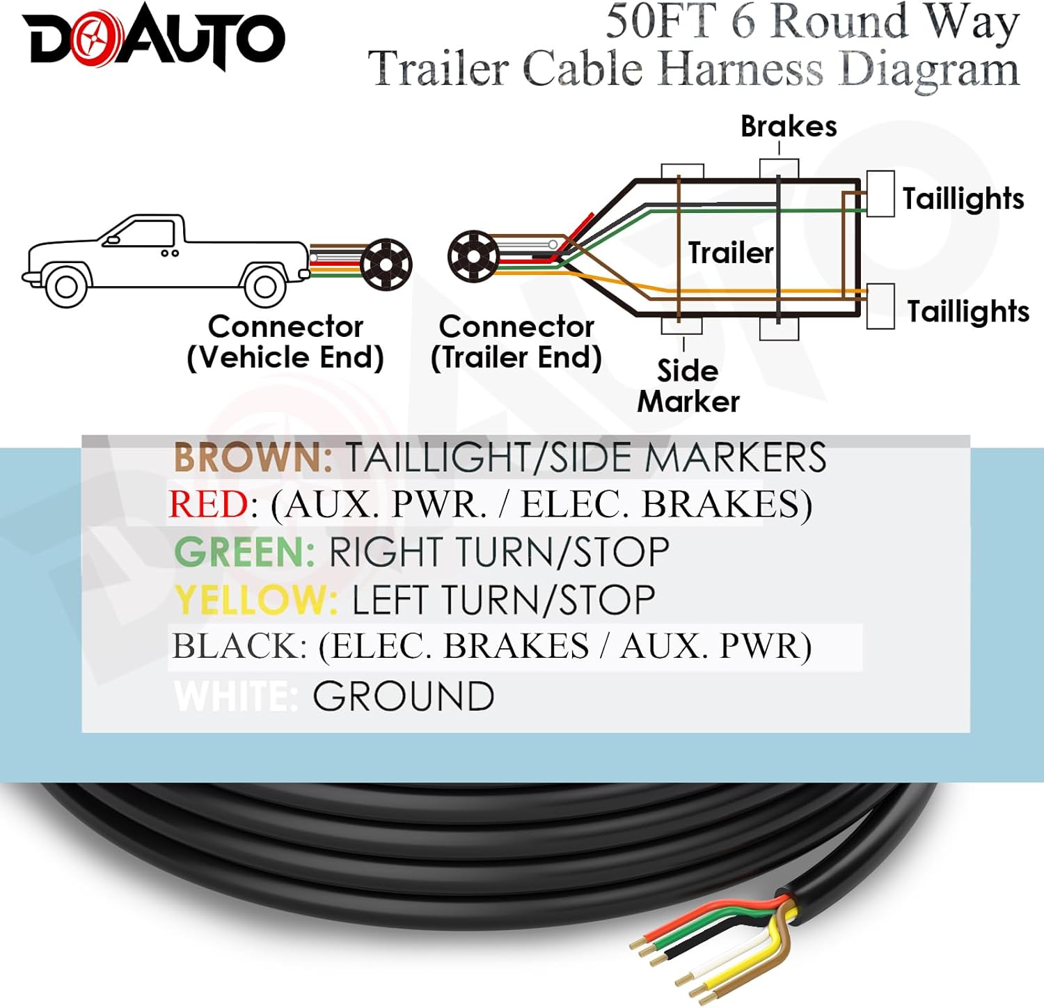 Cable de arnés de cable de remolque de 50 pies, resistente, 14 AWG, 6 cables de enganche de remolque de caravana de PVC individualmente flexible