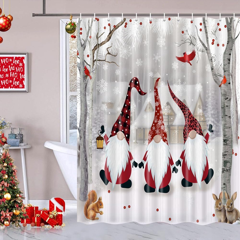 Dongbei Cortina de ducha de Navidad, cortina de baño gris para vacaciones de invierno, árbol de nacimiento de bosque nevado con lindo gnomo