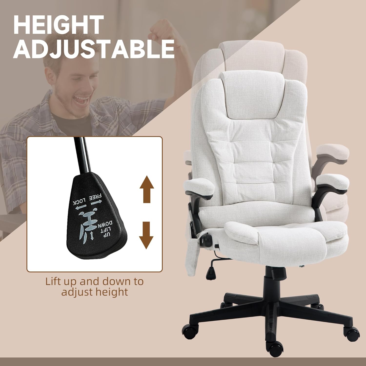 HOMCOM Silla de oficina de masaje vibratorio de 6 puntos con calor, silla de oficina ejecutiva de lino con respaldo alto y respaldo reclinable,