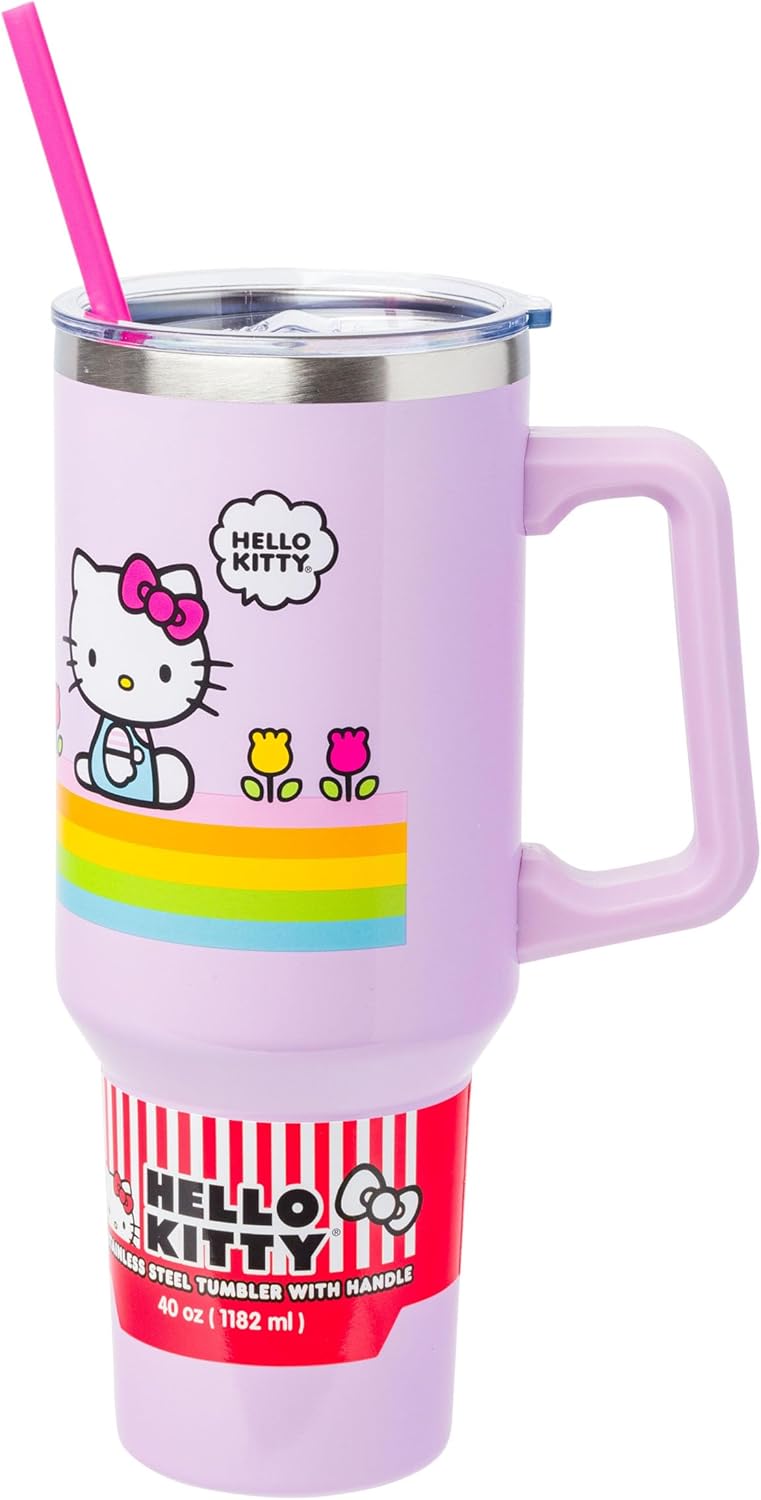 Silver Buffalo Sanrio – Vaso de acero inoxidable con asa y pajilla, diseño de flores de primavera y verano, diseño de flores de primavera y verano,