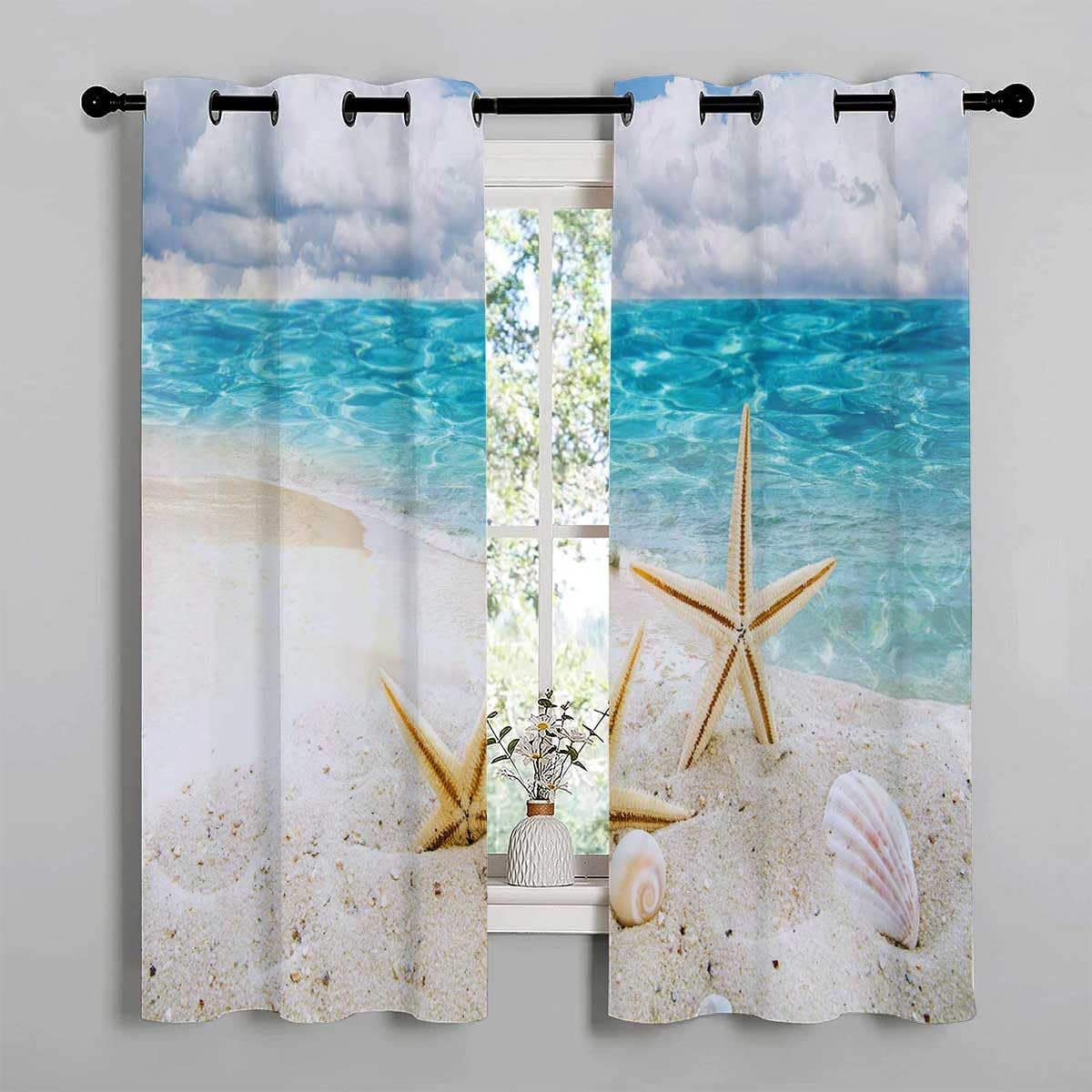 YANFENQI Cortinas para Habitacion Blackout Beach Seashells Coast Scenery Accordion Room Divider Acoustic Fabric 55Inch Width by 72Inch Length,2