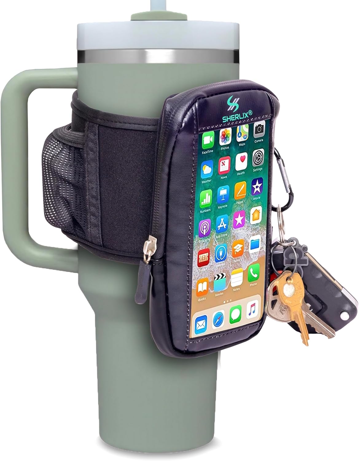 Bolsa para botella de agua de gimnasio con bolsillo impermeable para accesorios para pantalla táctil para teléfono. Llavero mosquetón, bolsillo