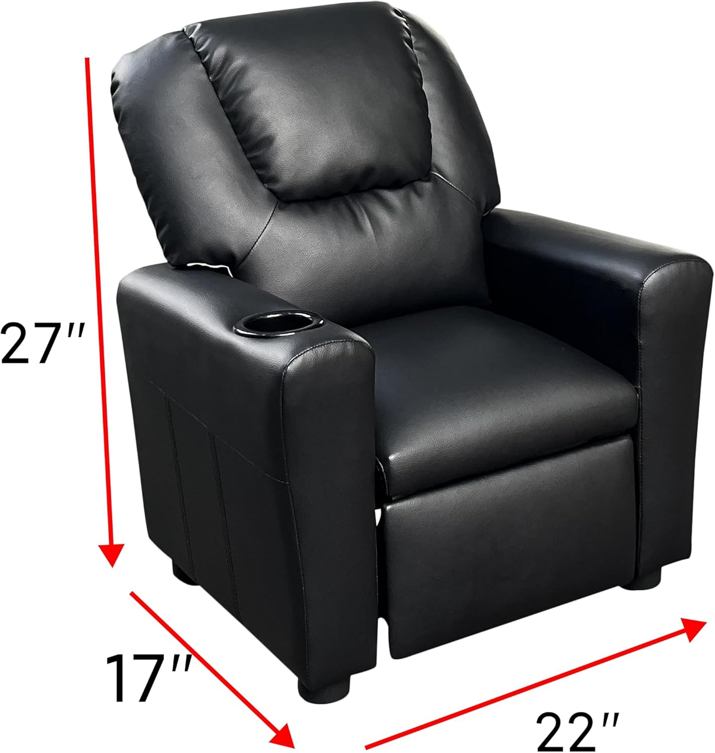 Silla reclinable moderna de piel sintética para niños con soporte para tazas, ajustable 2 en 1, sofá individual para niños y niñas (negro)