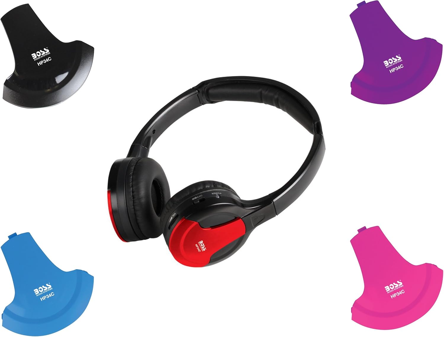 BOSS Audio Systems HP34C Auriculares inalámbricos plegables de doble canal, tapas de color intercambiables, multicolor