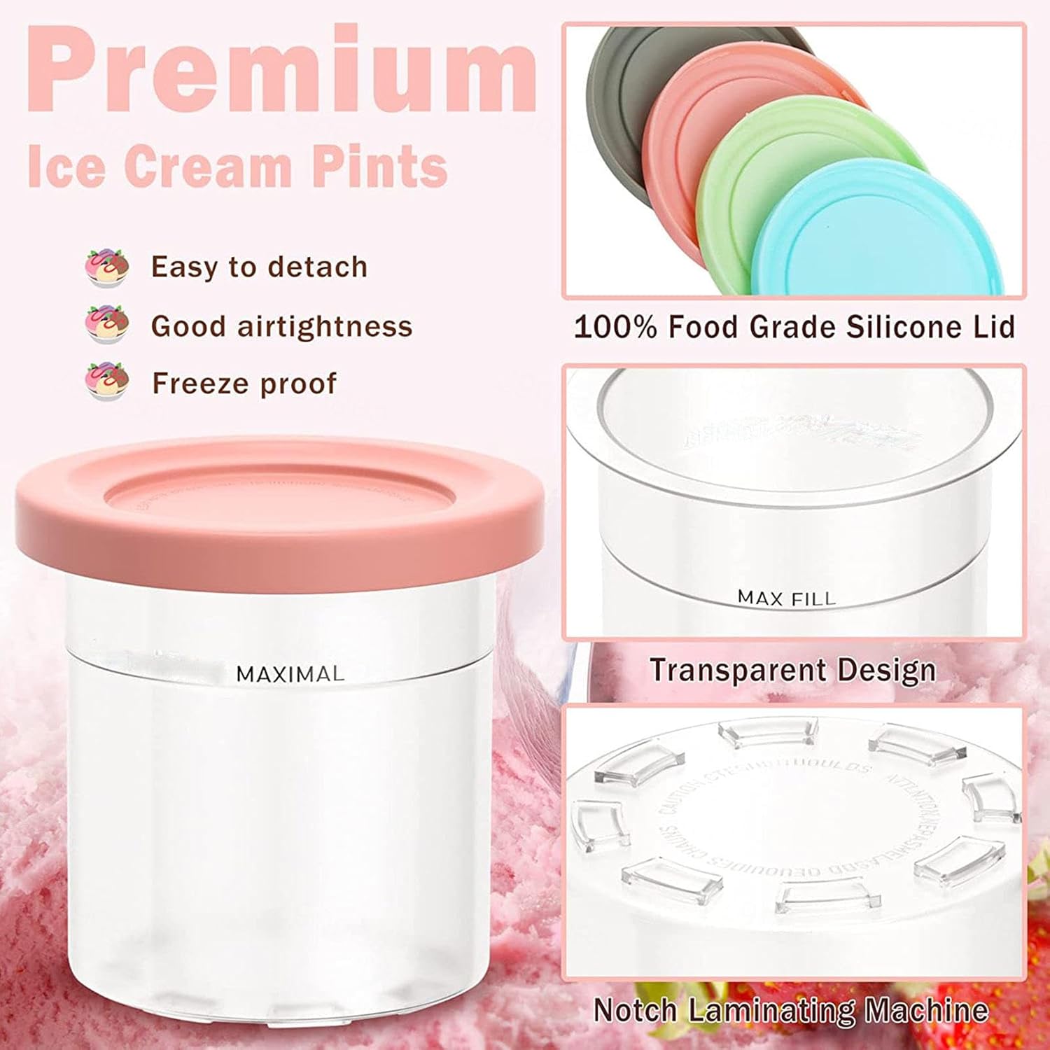Pintas y tapas para creami, paquete de 4, para helado Creami Ninja, contenedor de helado de 16 onzas, seguro y a prueba de fugas, compatible con la