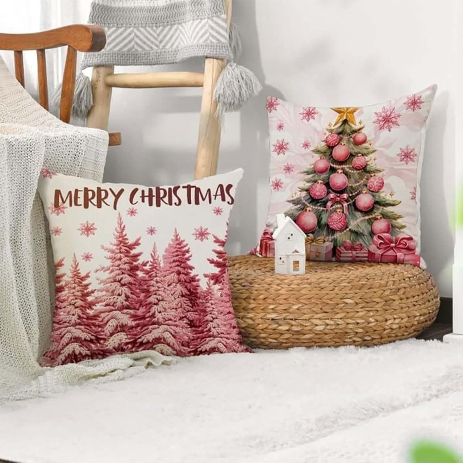 NZTGVR Fundas de almohada rosas de Navidad, impresión de letras de lino, decoración de vacaciones, almohadas decorativas de Navidad, funda de cojín