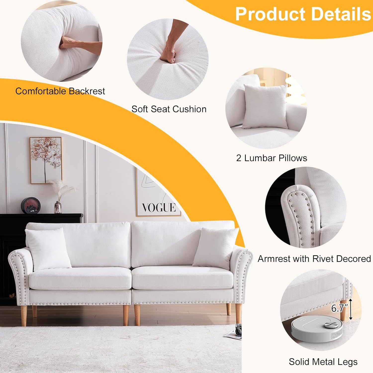 VINGLI Sofá moderno de asiento profundo de 83.5 pulgadas, cómodo sofá biplaza con ribete de clavos y patas de madera maciza, para sala de estar,