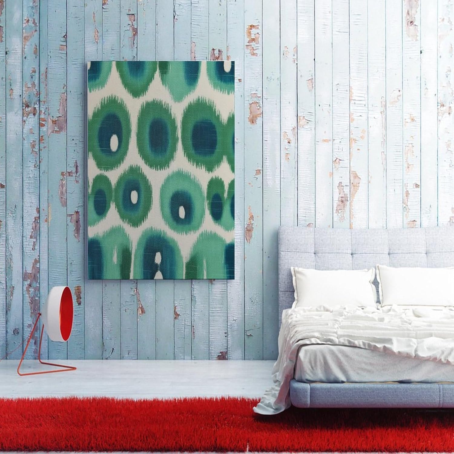Lienzo decorativo para pared de 16 x 24 pulgadas, estampado de pavo real verde y aguamarina Ikat, arte de pared, tipografía, hogar, oficina,
