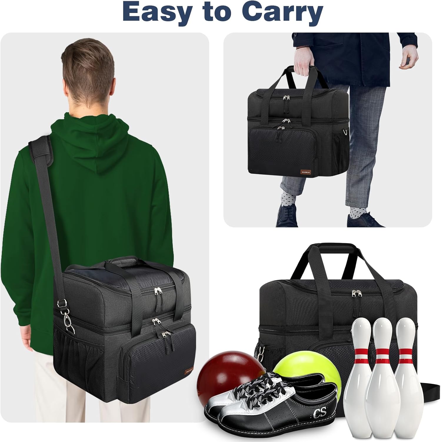 Bowling Ball Bags for SingleTwo Ball, Easy Carry Bowling Ball Tote Bags with Wooden Bowling Holder and Extra Storage Pockets – Holds OneTwo Bowling