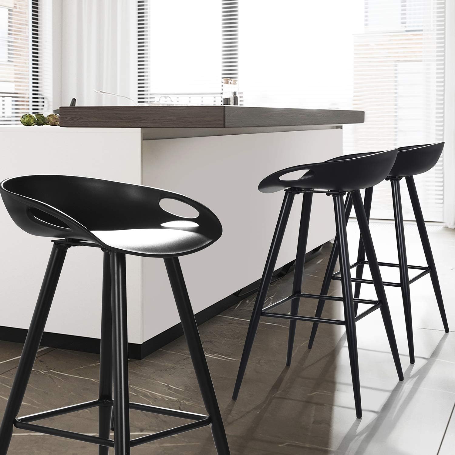 Set of 2 Bar Stools, 32.3-inch Simple Modern Style High Counter Stool with Low Backrest & Footrest & Metal Legs & PP Seat, Portable Barstools for