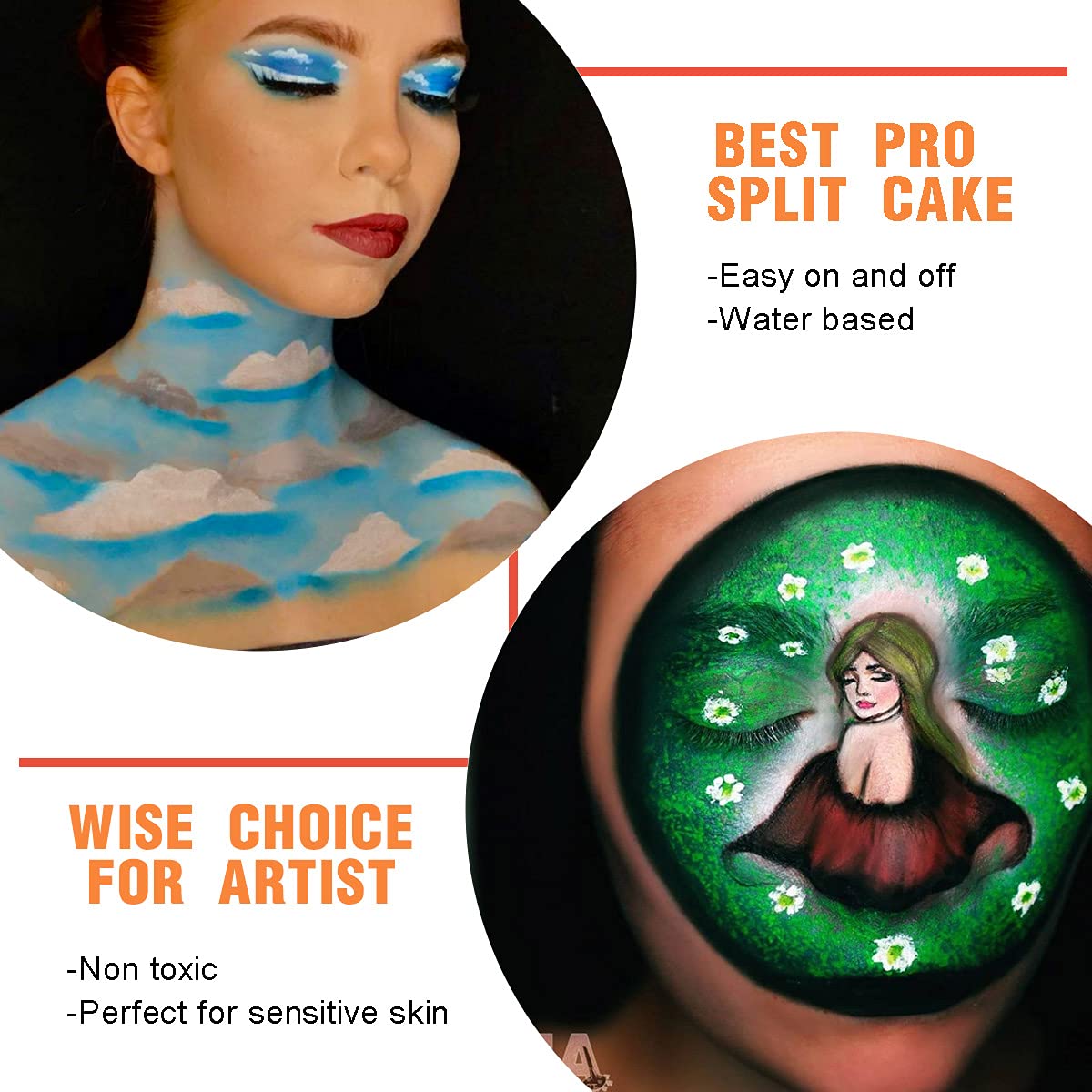 Bowitzki Pintura facial profesional de 12 x 10 gm, kit de pintura facial para niños y adultos, pastel dividido de un solo trazo, no tóxico, arco