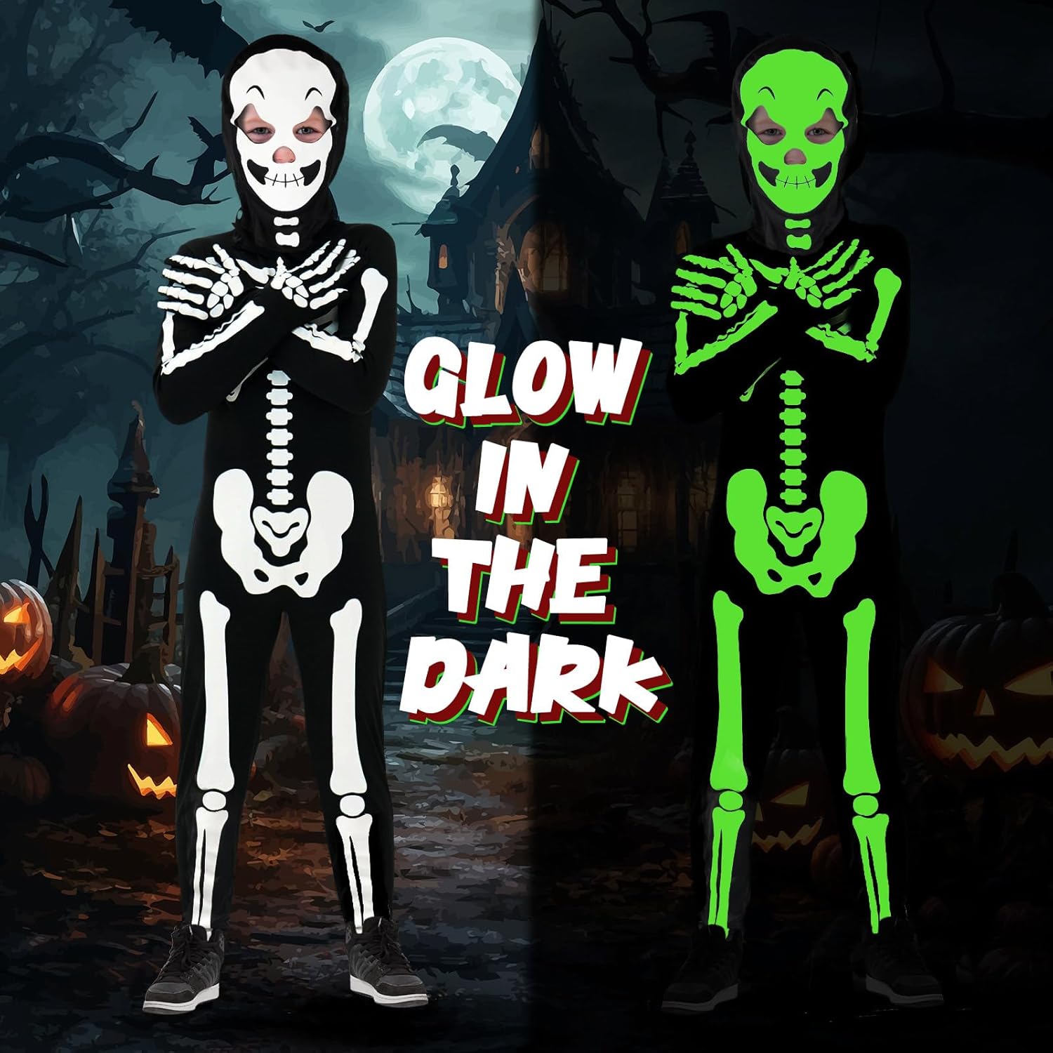 FAYBOX Disfraz de esqueleto para niños, disfraz de Halloween que brilla en la oscuridad, disfraz de esqueleto para niños pequeños
